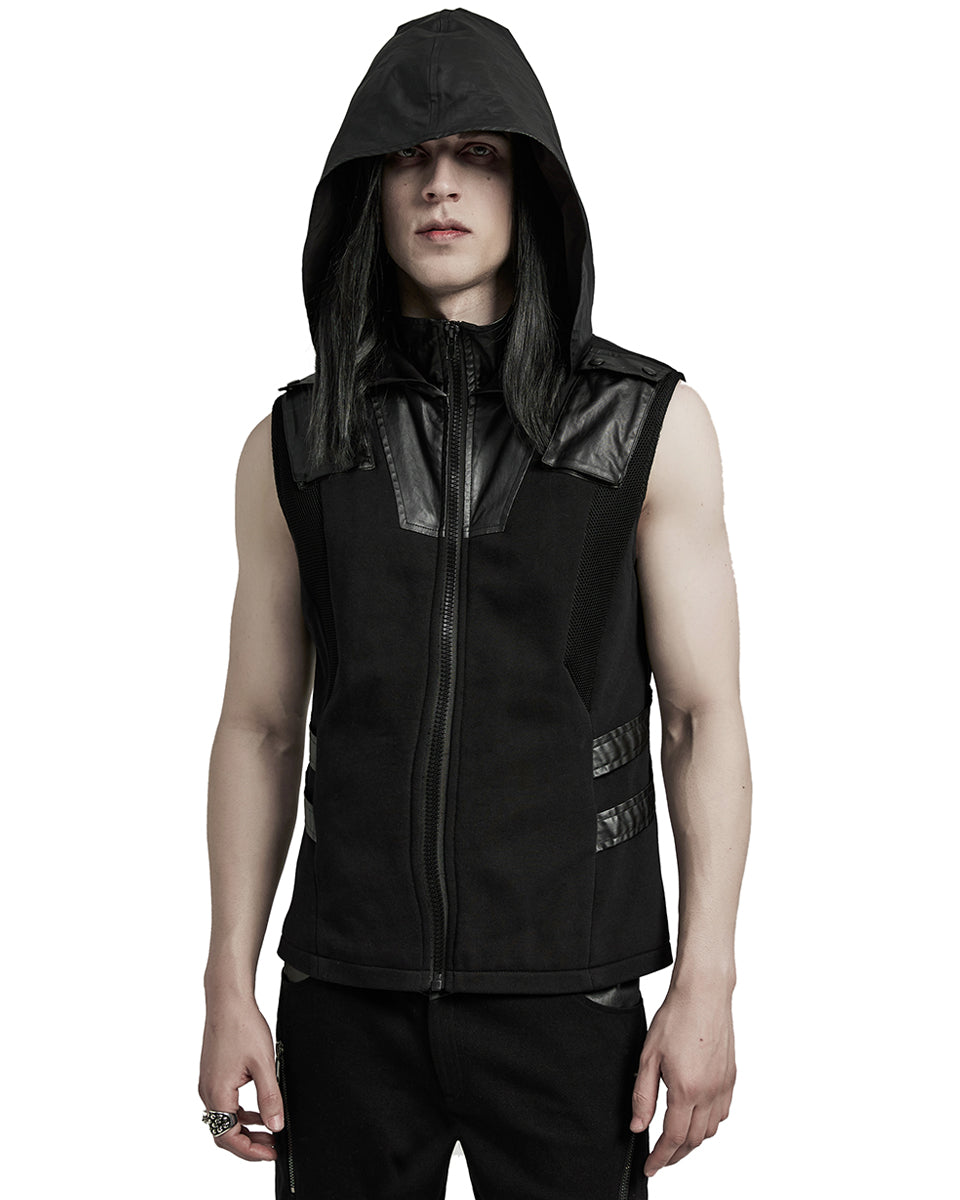 WY-1598MJM-BKM Mens Dystopian CyberPunk Zip Up Hooded Waistcoat Vest