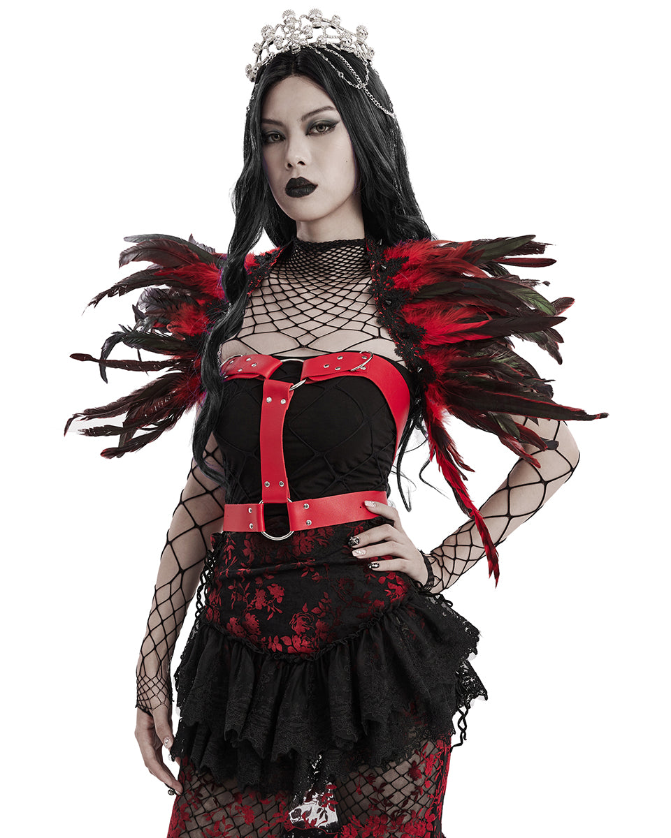WS-551DQF-BKRDF Womens Burlesque Gothic Vixen Feathered Harness - Black & Red