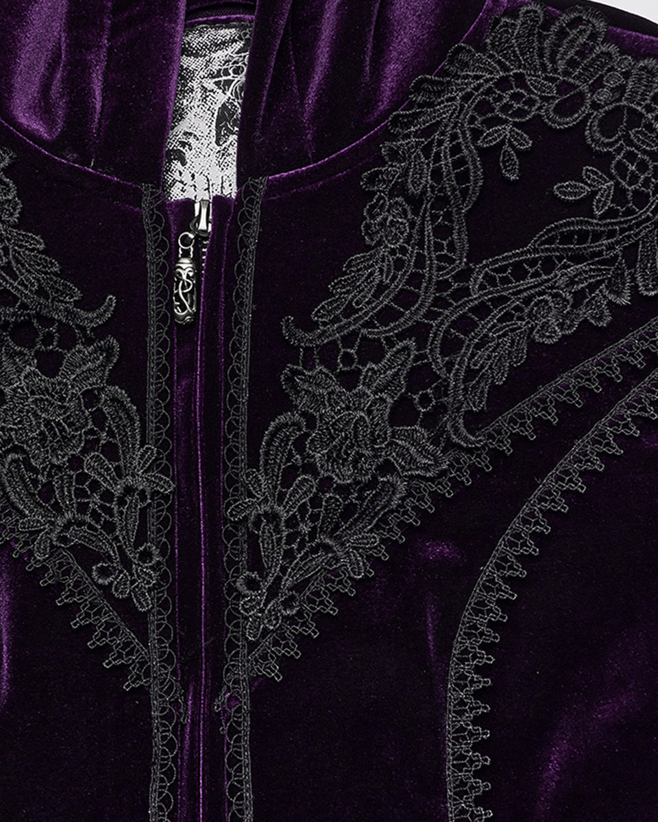 DY-1510LCF-BKVIF Womens Gorgeous Gothic Lace Applique Hooded Coat - Extended Size Range - Purple Velvet