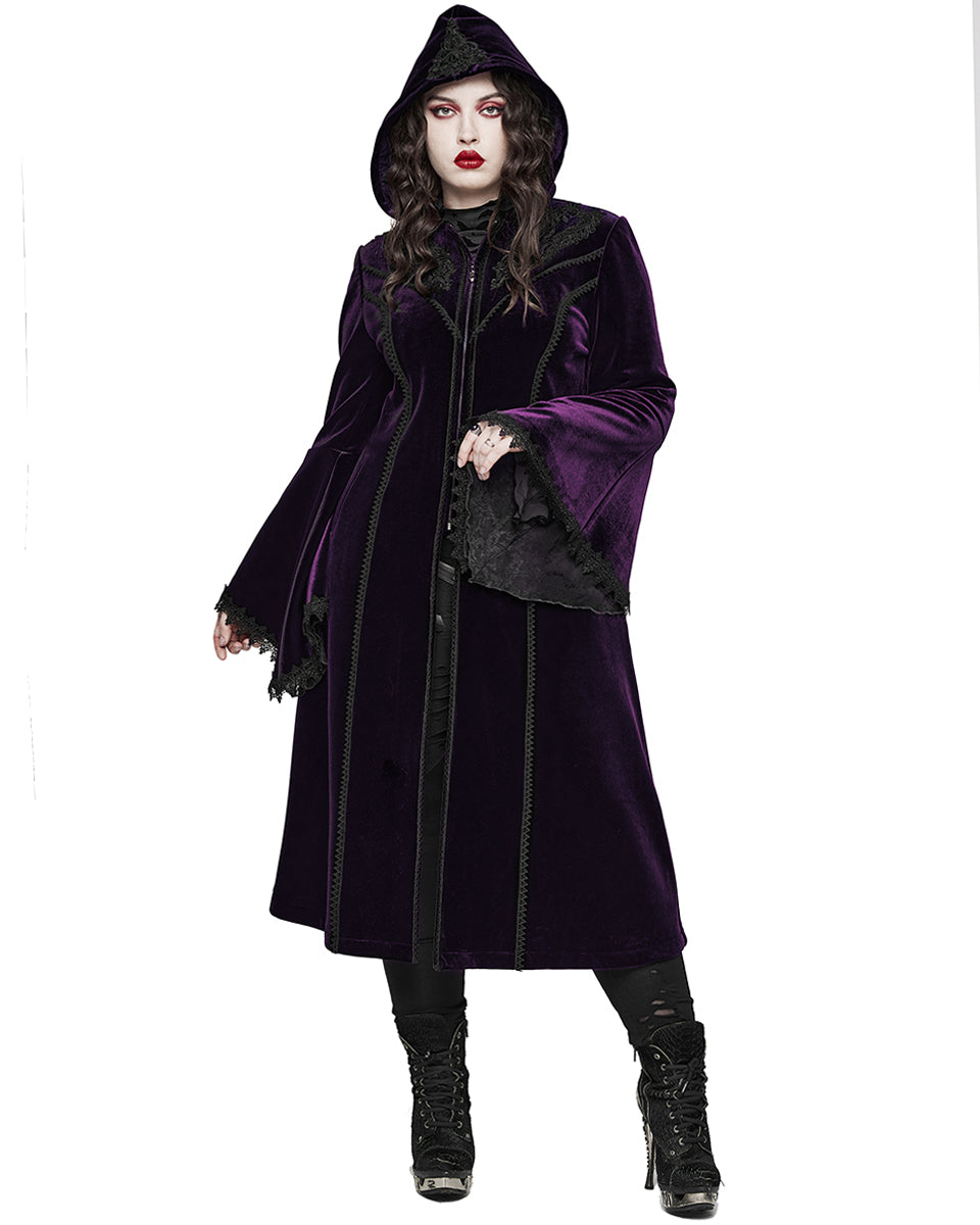 DY-1510LCF-BKVIF Womens Gorgeous Gothic Lace Applique Hooded Coat - Extended Size Range - Purple Velvet