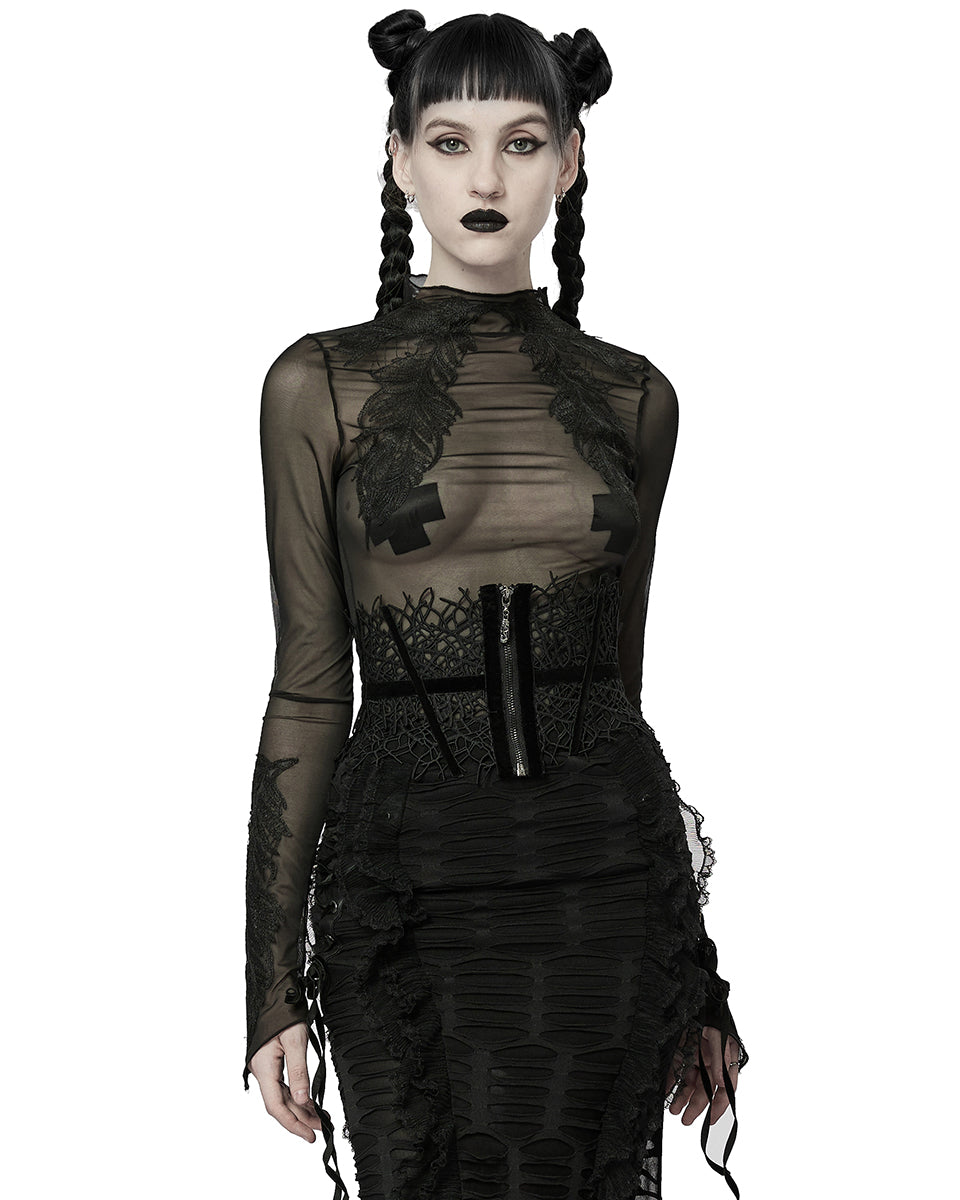 T766-BKF Womens Gothic Sheer Mesh Lace Applique Top