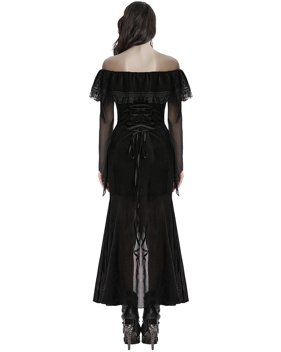 OQ-786LQF Daily Life Gothic Velvet Mesh Ruched Off-Shoulder Evening Dress