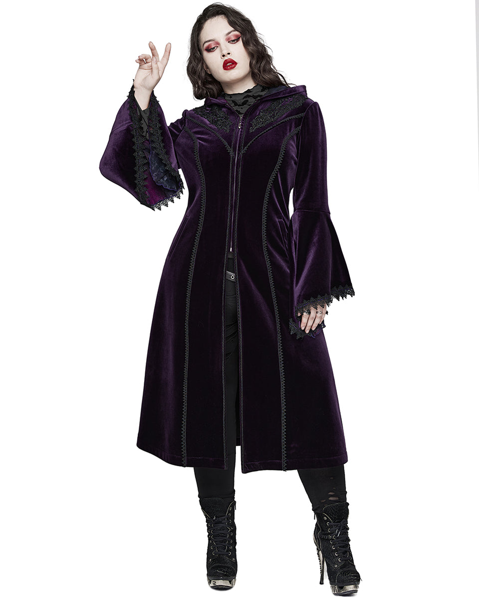 DY-1510LCF-BKVIF Womens Gorgeous Gothic Lace Applique Hooded Coat - Extended Size Range - Purple Velvet