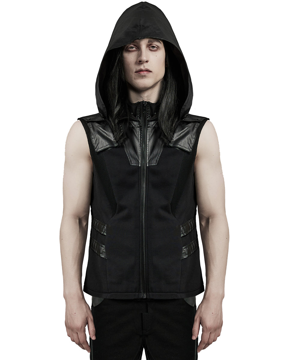 WY-1598MJM-BKM Mens Dystopian CyberPunk Zip Up Hooded Waistcoat Vest
