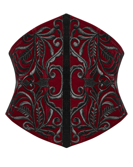 WS-616YDF Womens Dark Gothic Aristocrat Embroidered Velvet Waist Cincher Corset - Red & Black