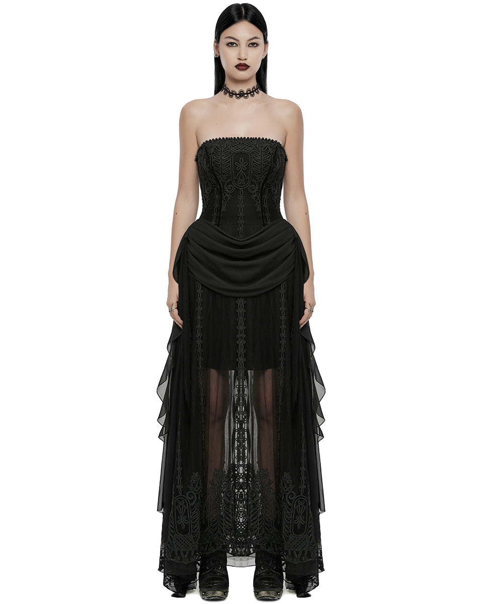 WQ-773LQF-BKF Womens Long Gothic Mesh Strapless Dress With Embroidered Lace