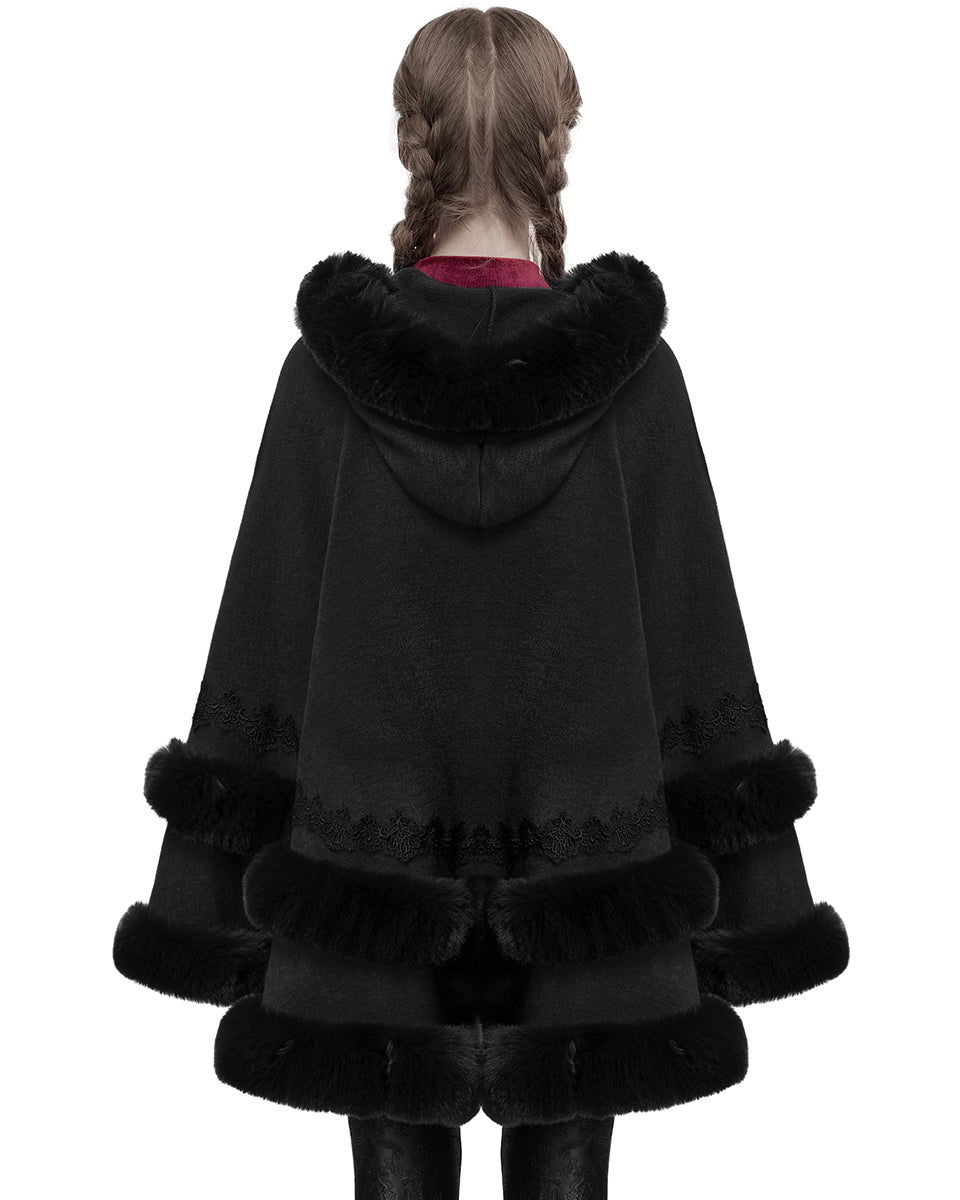 OM-092HMF Daily Life Womens Plush & Faux Fur Hooded Winter Cloak - Black