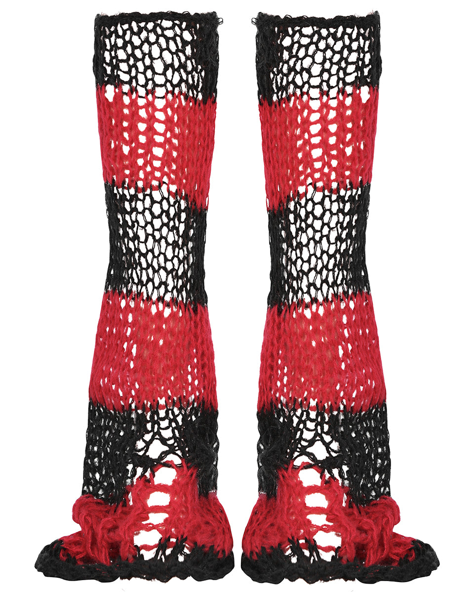 S-554 Shredded Broken Knit Flared Leg Warmers - Black & Red