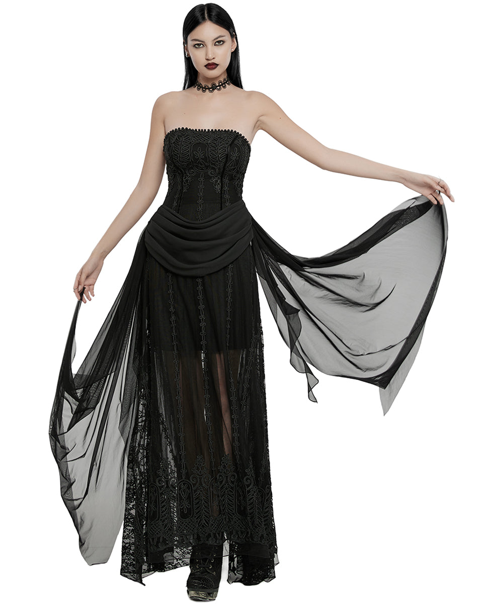 WQ-773LQF-BKF Womens Long Gothic Mesh Strapless Dress With Embroidered Lace