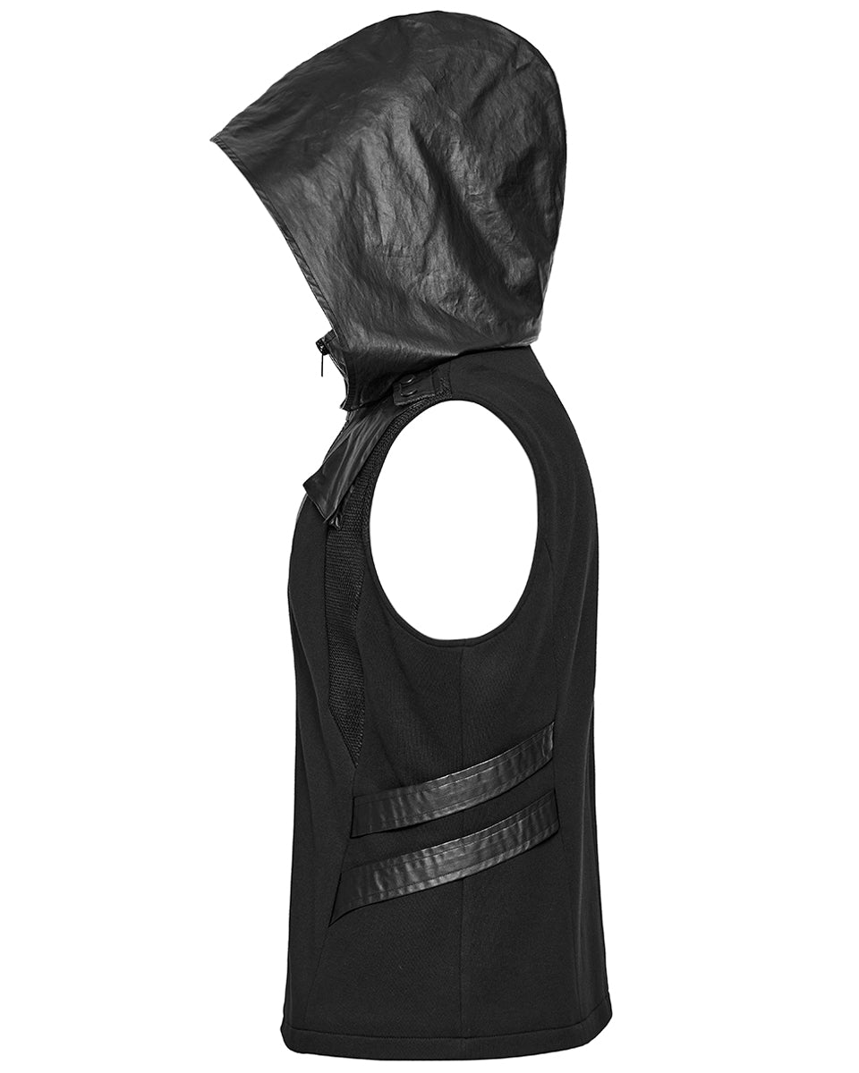 WY-1598MJM-BKM Mens Dystopian CyberPunk Zip Up Hooded Waistcoat Vest