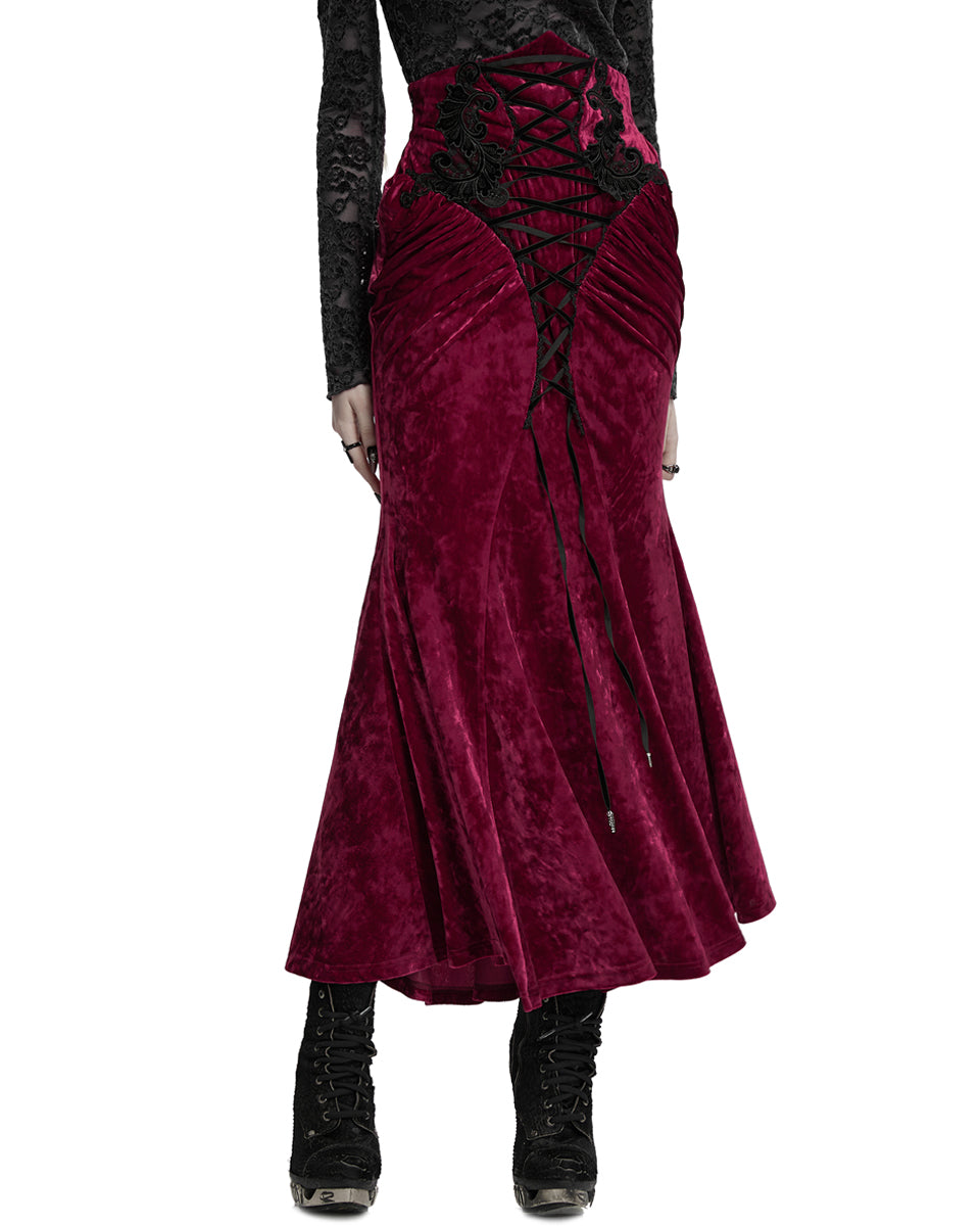 OQ-851BQF Daily Life Womens Long Gothic Velvet Applique Maxi Skirt - Red