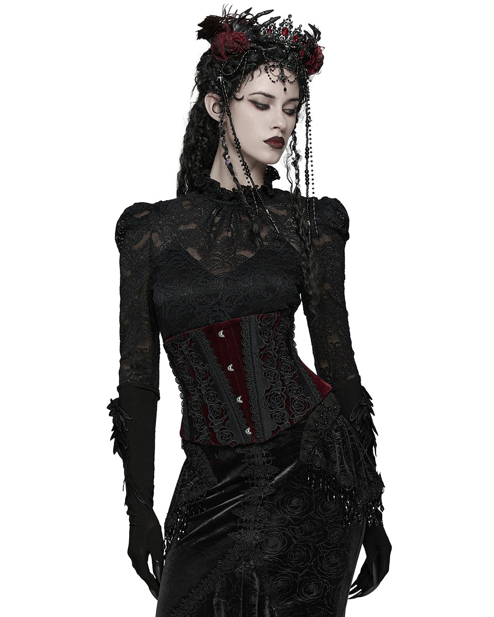 WS-790YDF Womens Baroque Gothic Rose Embroidered Velvet Cincher Corset - Red & Black