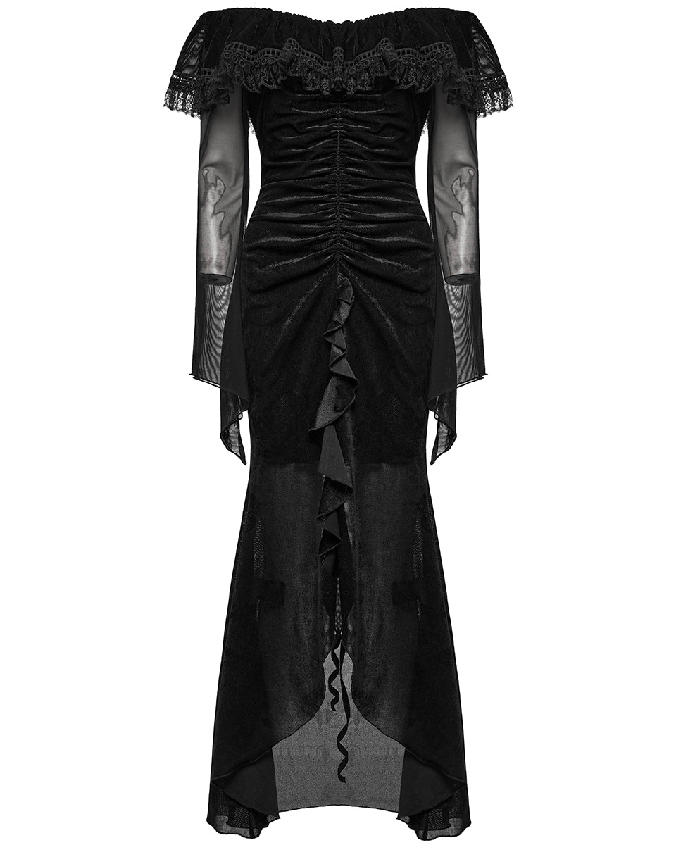 OQ-786LQF Daily Life Gothic Velvet Mesh Ruched Off-Shoulder Evening Dress