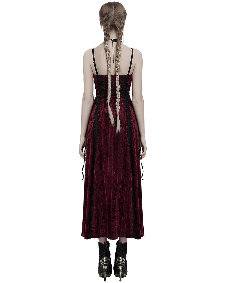 OQ-856LQF Daily Life Womens Long Gothic Crushed Velvet Applique Maxi Dress - Red