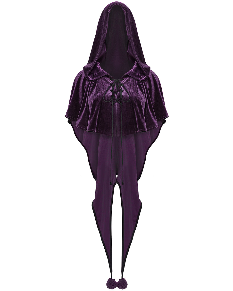 OPY-444DQF Daily Life Womens Velvet Gothic Lolita Hooded Split Tails Bolero Cape - Purple