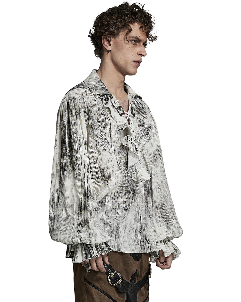 Y1497-WHM Mens Gothic Steampunk Distressed Lace Up Pirate Shirt - White