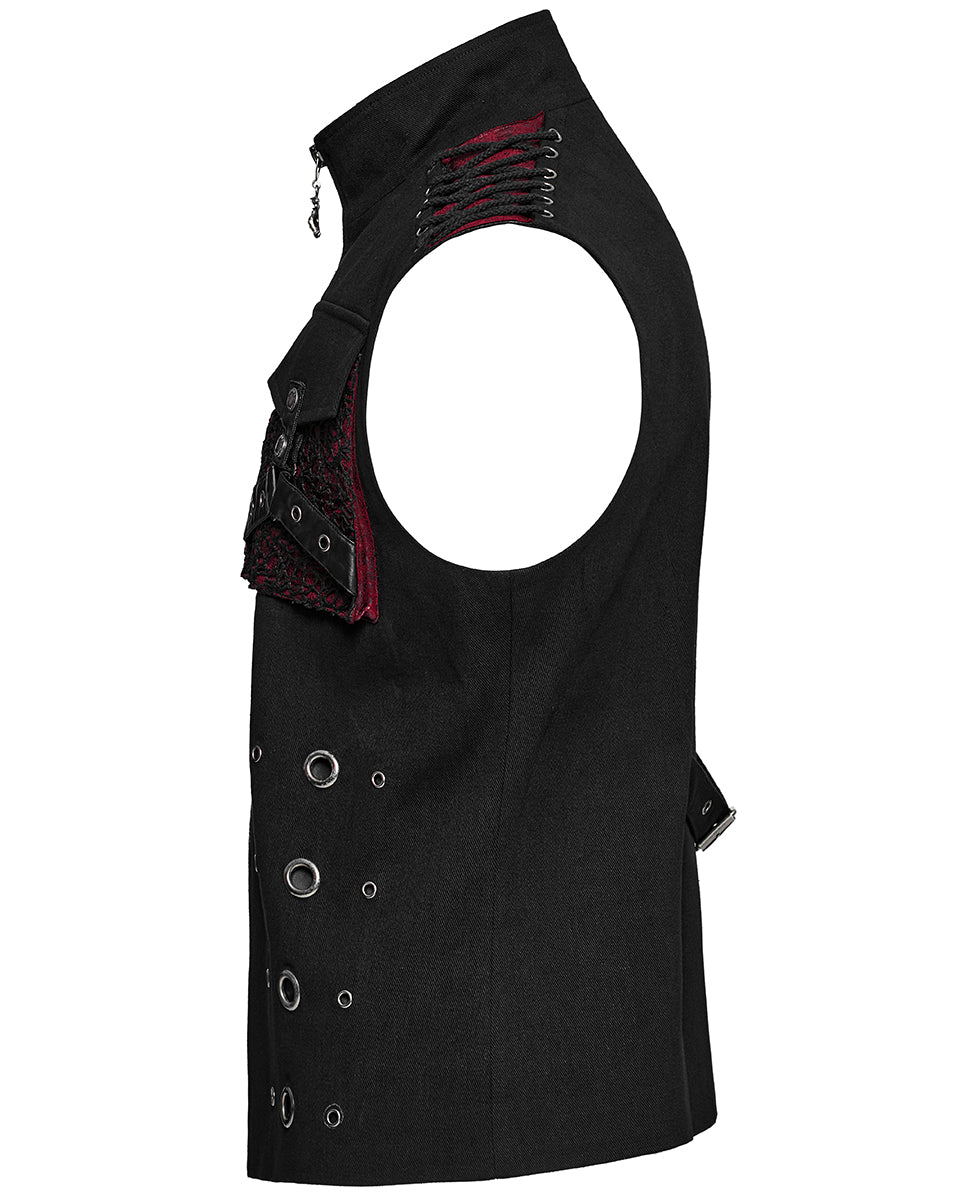 WY-1610MJM-BKRDM Mens Apocalyptic Gothic Mesh Utility Pocket Waistcoat Vest - Black & Red