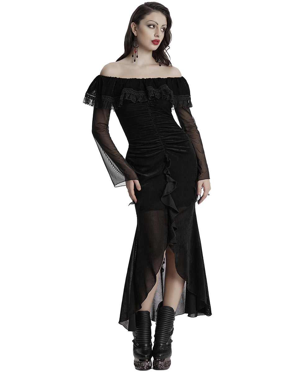 OQ-786LQF Daily Life Gothic Velvet Mesh Ruched Off-Shoulder Evening Dress