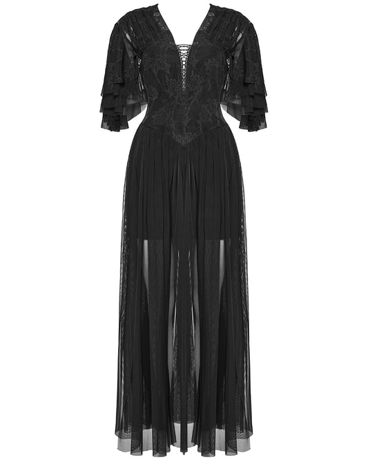OQ-805LQF Daily Life Long Gothic Rose Lace & Pleated Mesh Lace Up Maxi Dress
