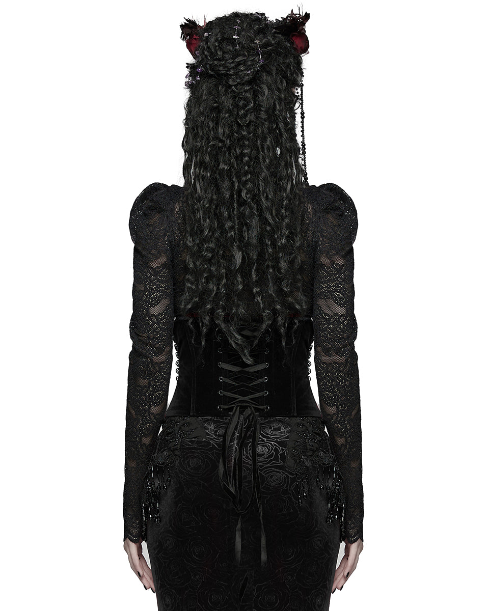 WS-790YDF Womens Baroque Gothic Rose Embroidered Velvet Cincher Corset - Black