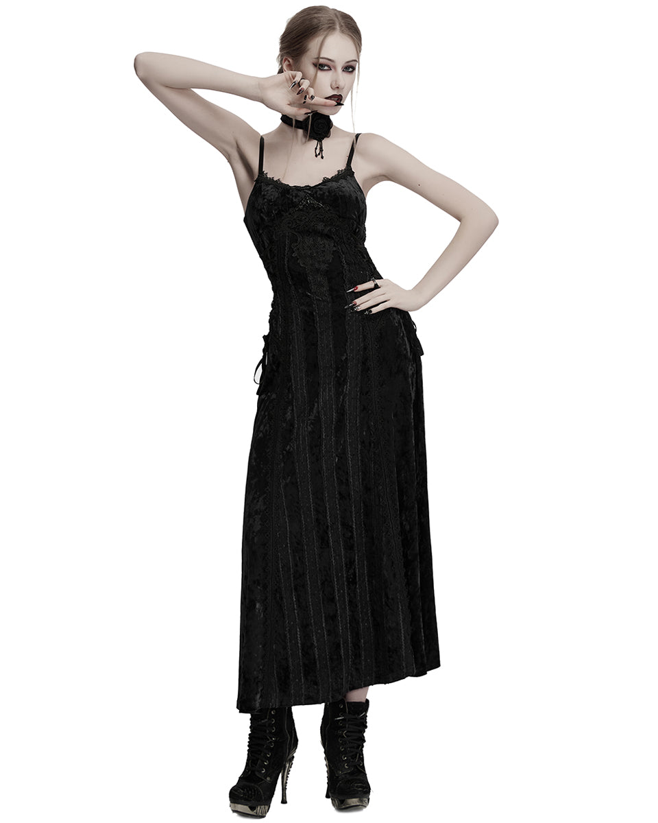 OQ=856LQF Daily Life Womens Long Gothic Crushed Velvet Applique Maxi Dress - Black