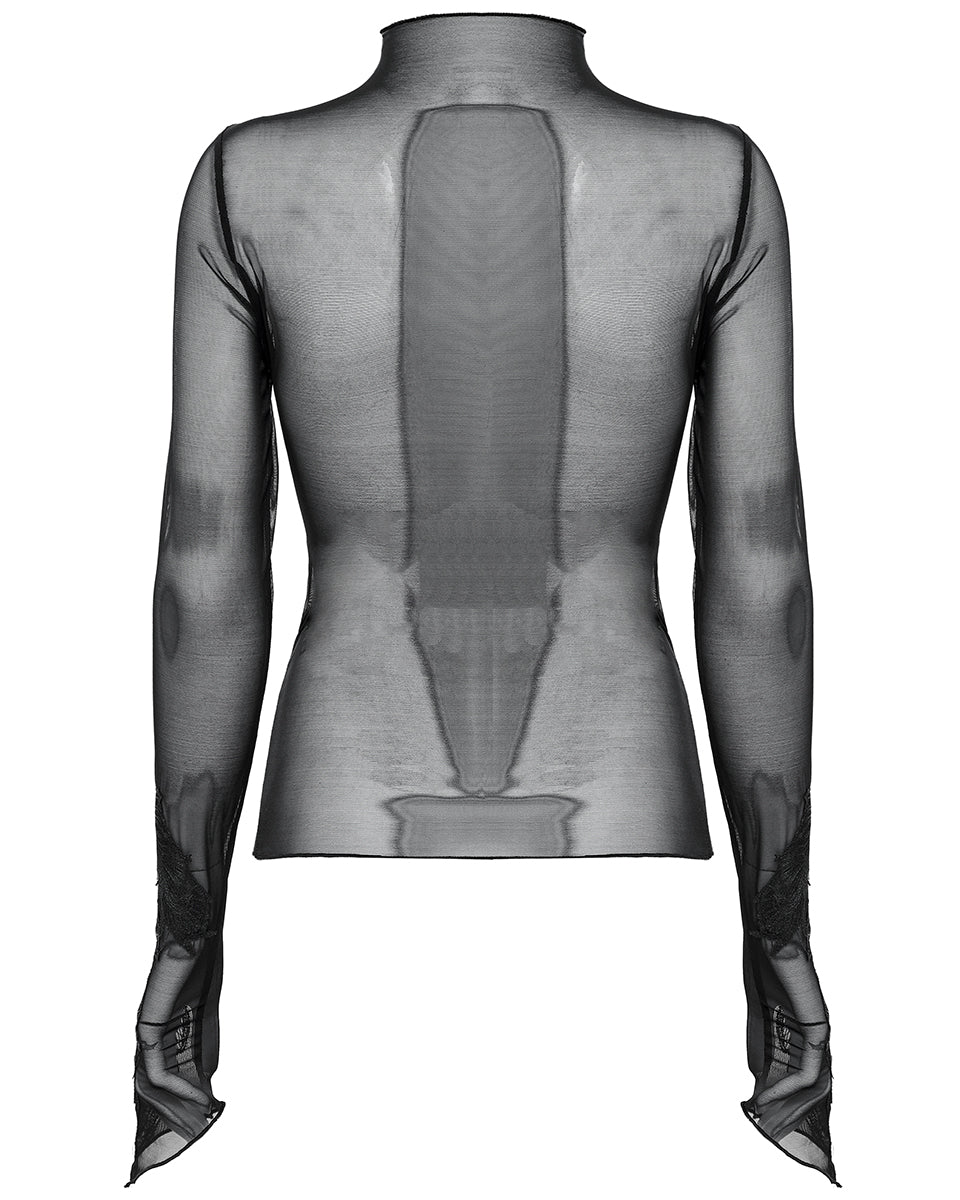 T766-BKF Womens Gothic Sheer Mesh Lace Applique Top