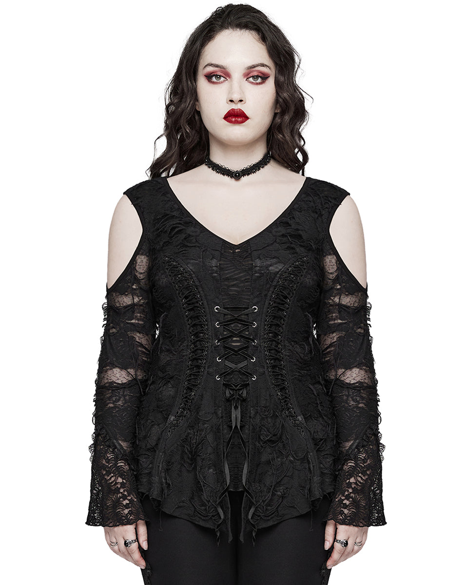 DT-796TCF-BKF Plus Size Womens Apocalyptic Gothic Lace-Up Tunic Top