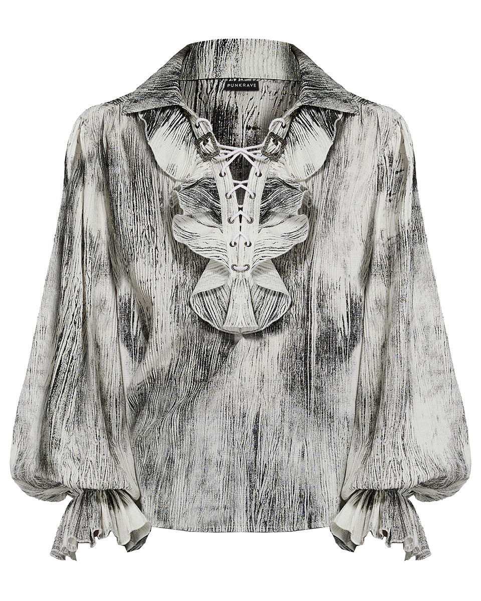 Y1497-WHM Mens Gothic Steampunk Distressed Lace Up Pirate Shirt - White