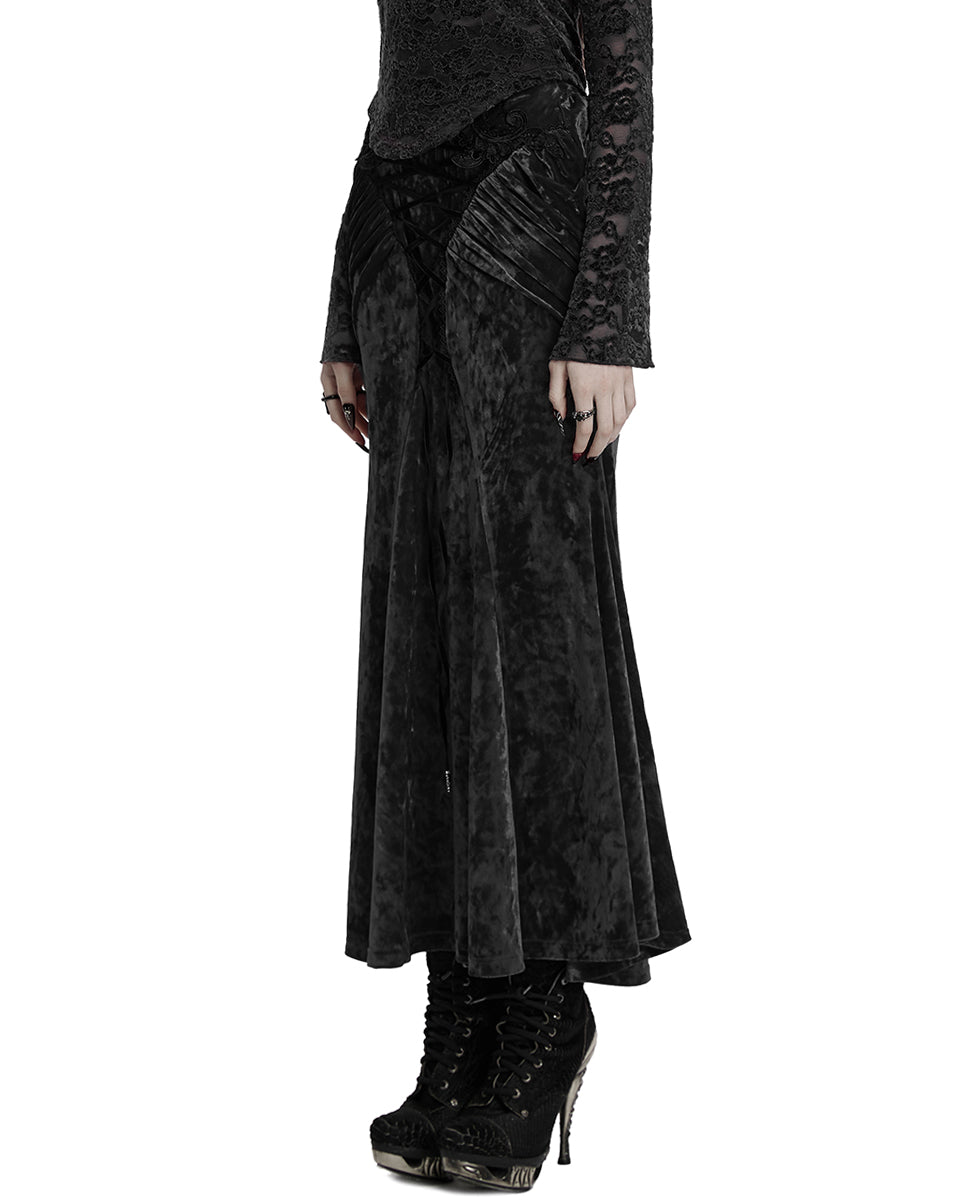 OQ-851BQF Daily Life Womens Long Gothic Velvet Applique Maxi Skirt - Black