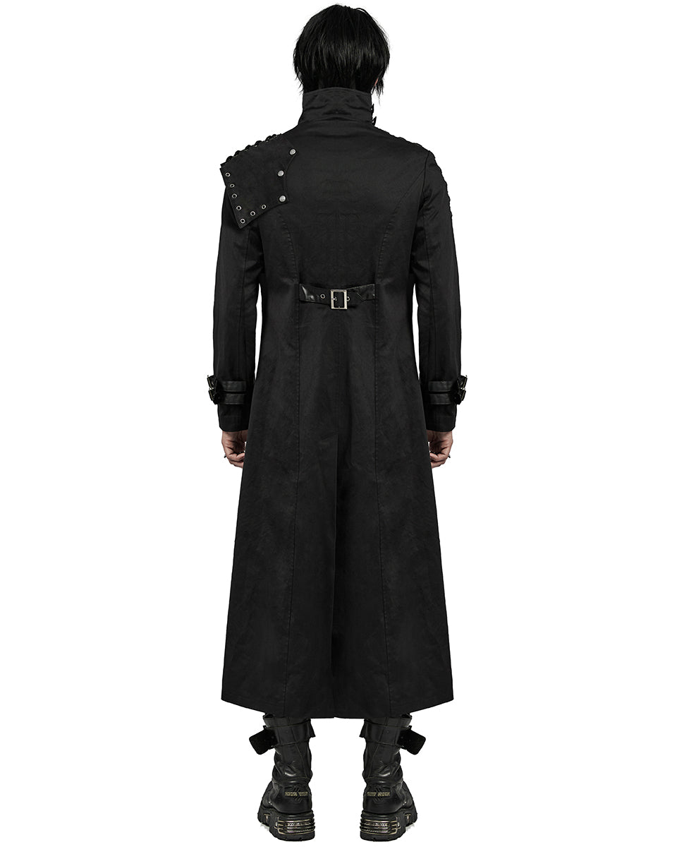 WY-1602XCM-BKM Mens Long Gothic CyberPunk Asymmetric Shoulder Armour Trench Coat