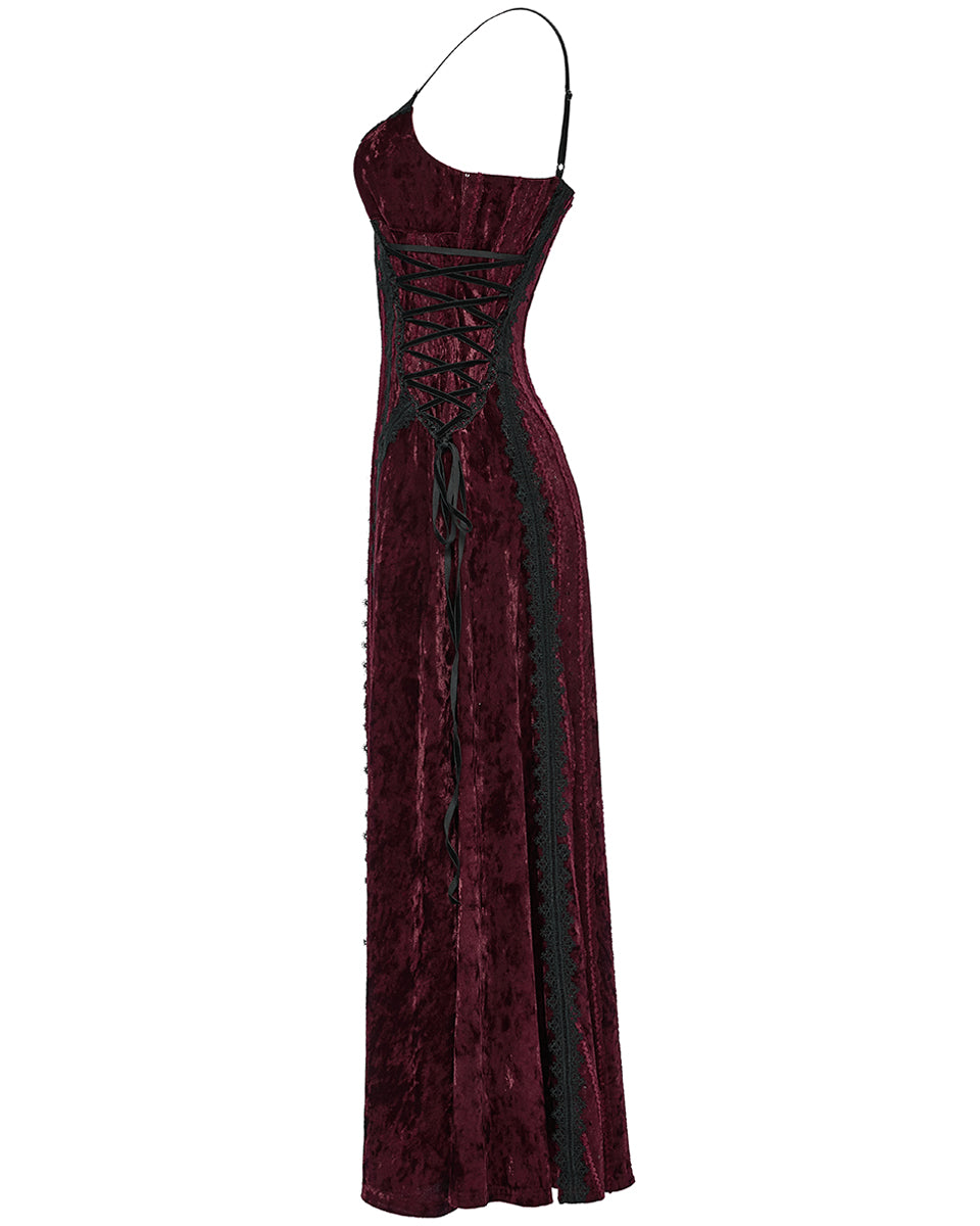 OQ-856LQF Daily Life Womens Long Gothic Crushed Velvet Applique Maxi Dress - Red