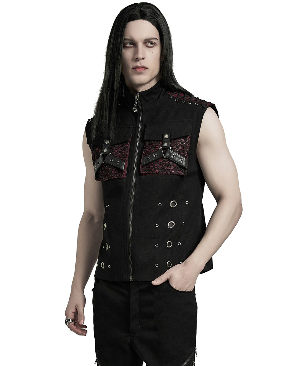 WY-1610MJM-BKRDM Mens Apocalyptic Gothic Mesh Utility Pocket Waistcoat Vest - Black & Red