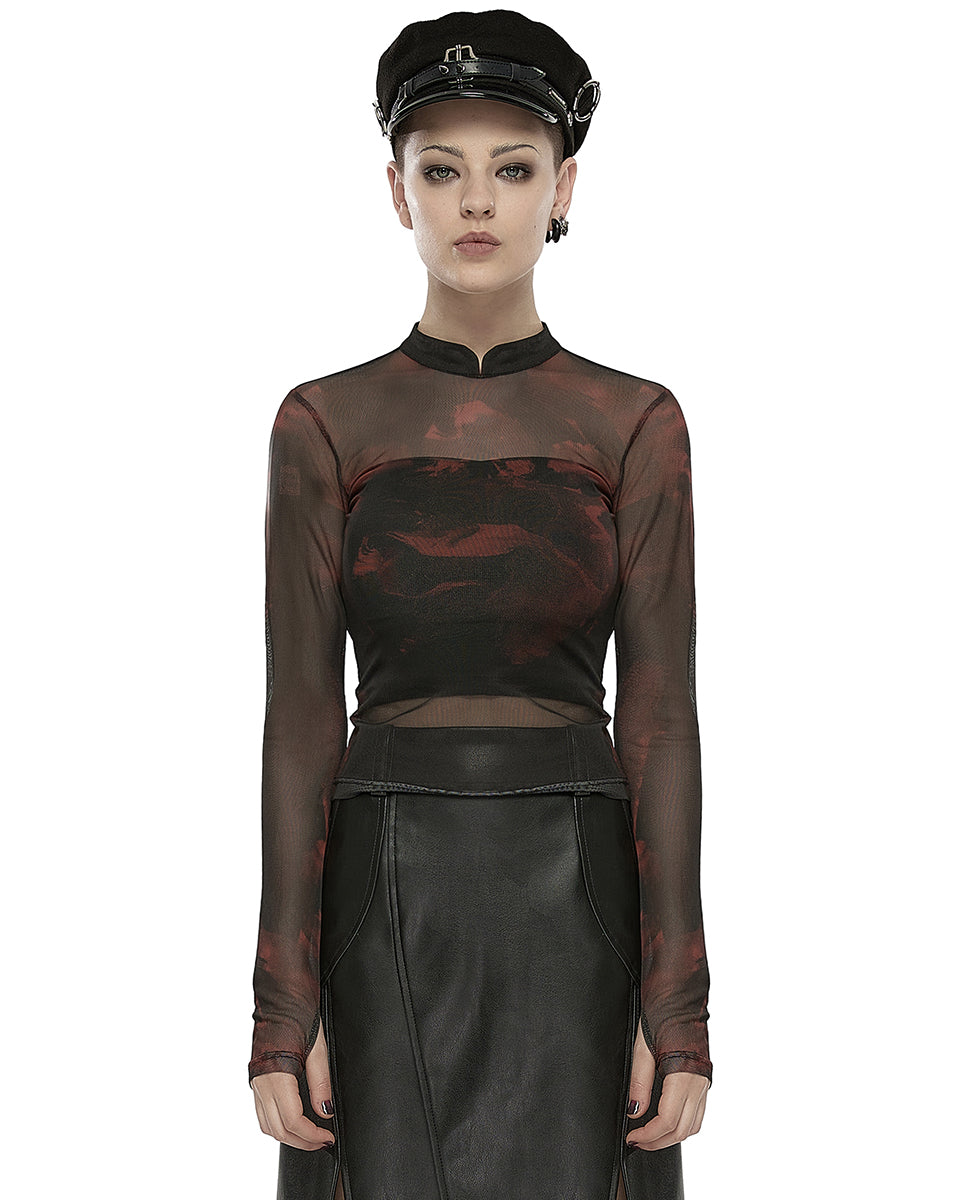 OPT-852 Daily Life Womens Cyberpunk Layered Mesh Top - Black & Red
