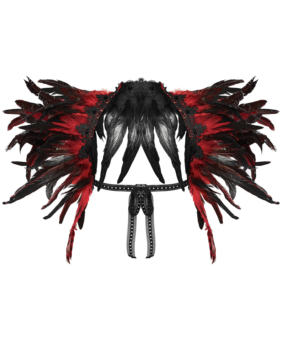 WS-551DQF-BKRDF Womens Burlesque Gothic Vixen Feathered Harness - Black & Red