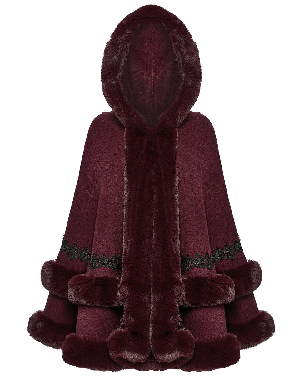 OM-092HMF Daily Life Womens Plush & Faux Fur Hooded Winter Cloak - Red