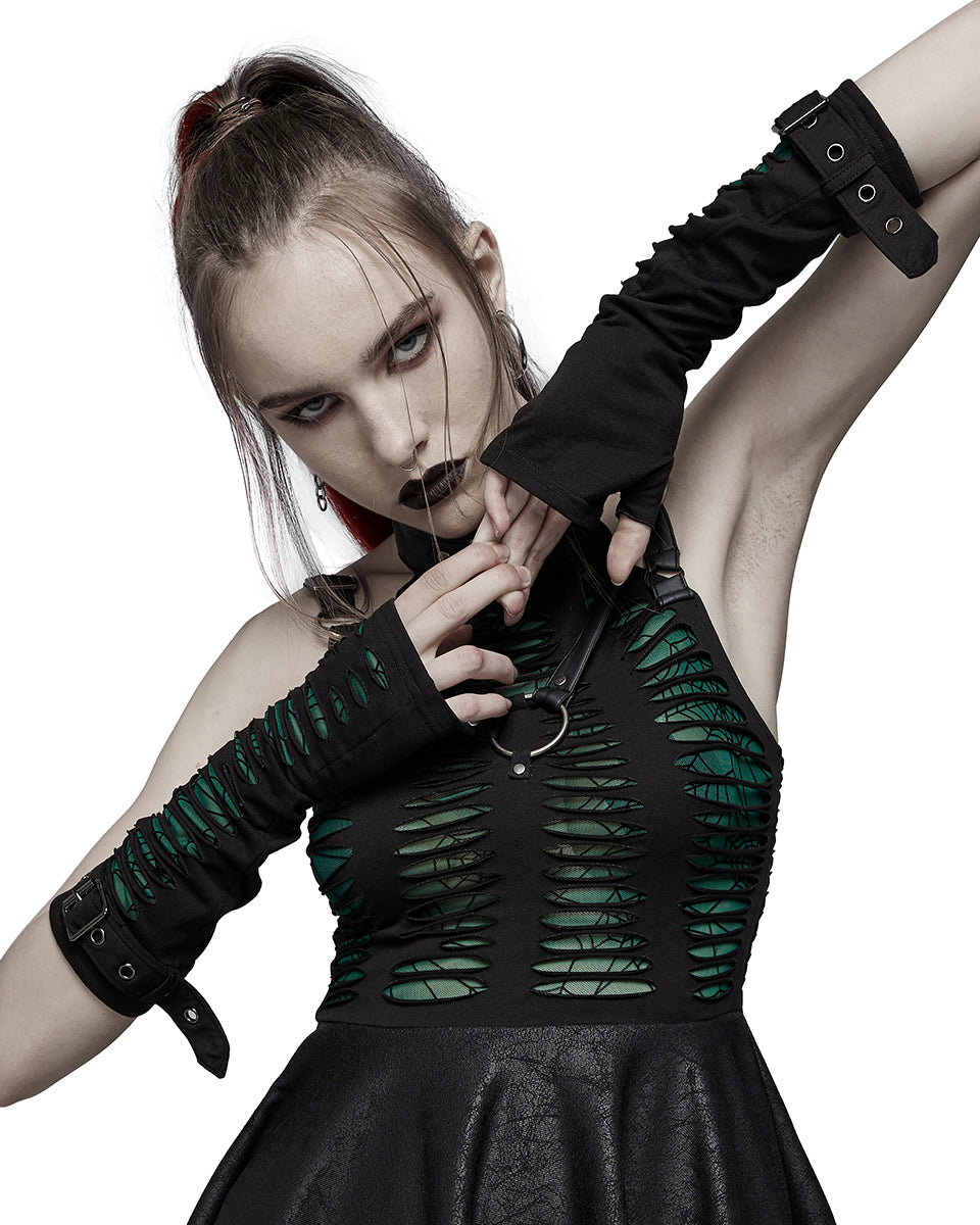 S-490 Womens Laser Cut Cobweb Mesh Armwarmer Gloves - Black & Green