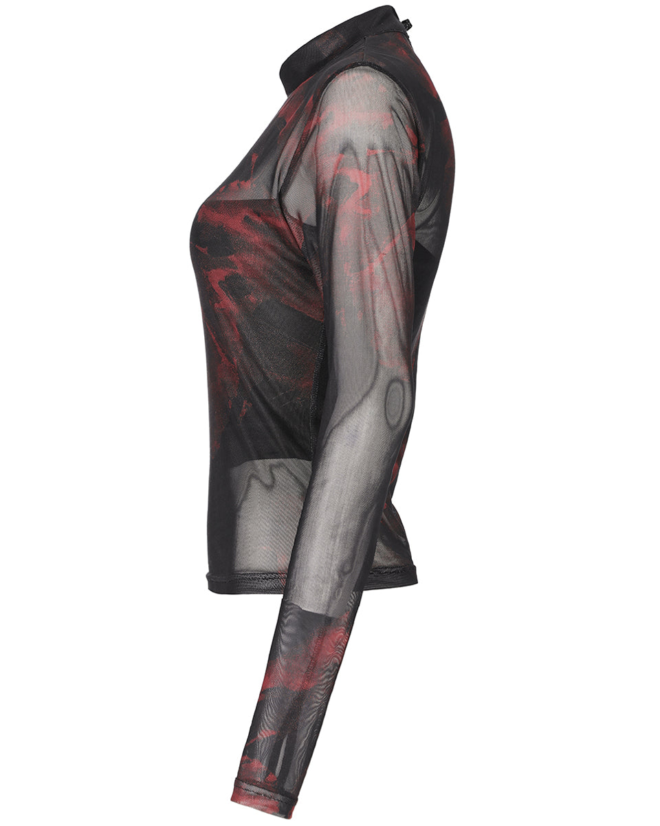 OPT-852 Daily Life Womens Cyberpunk Layered Mesh Top - Black & Red