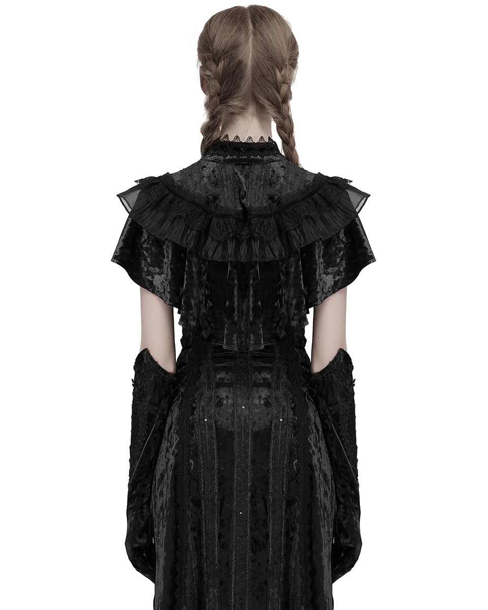 OY-1750DPF Daily Life Womens Long Gothic Crushed Velvet & Lace Bolero Cape - Black