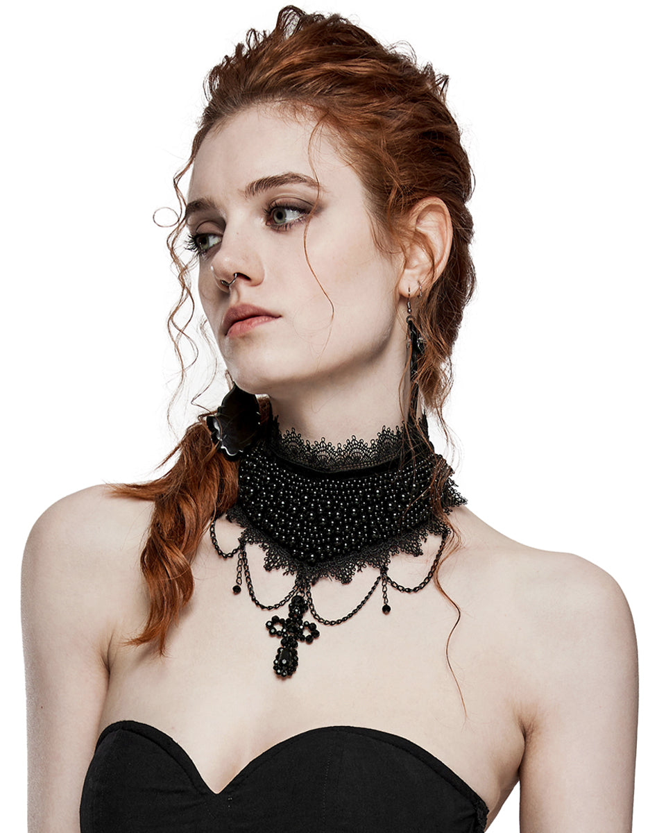 WS-568LHF-BKF Womens Beaded Crucifix Gothic Choker Collar Necklace