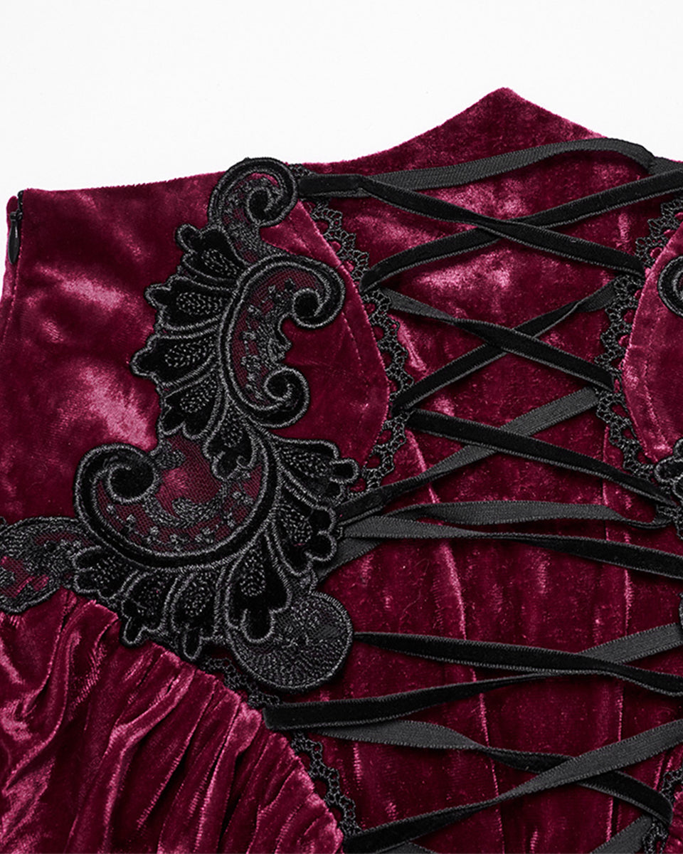 OQ-851BQF Daily Life Womens Long Gothic Velvet Applique Maxi Skirt - Red
