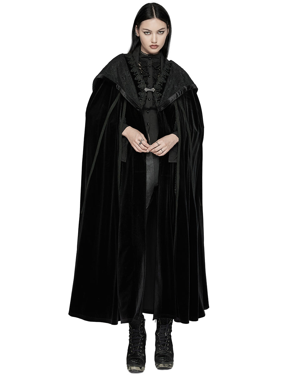 WY-1642DPF Womens Long Gothic Velvet & Lace Hooded Cloak