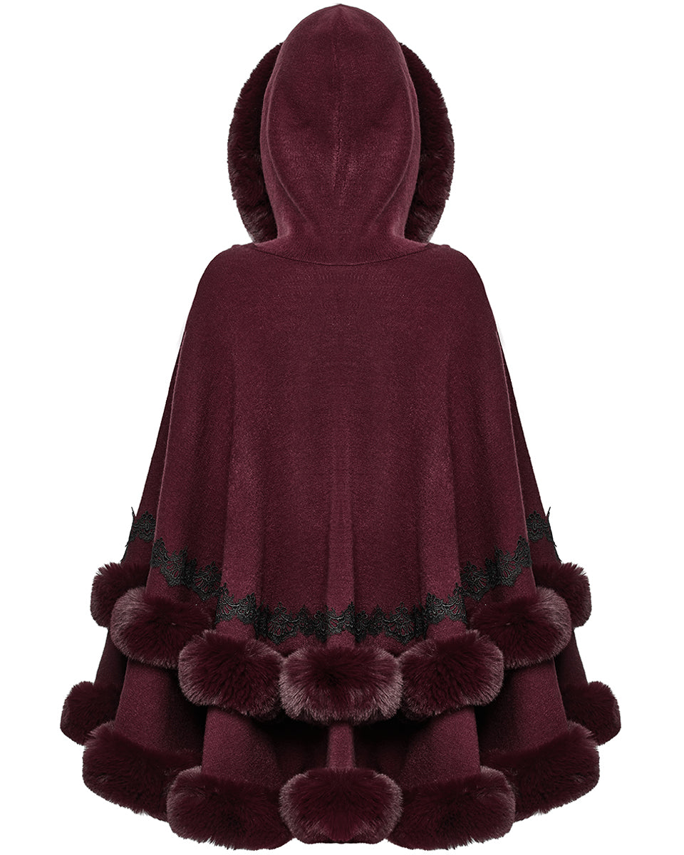 OM-092HMF Daily Life Womens Plush & Faux Fur Hooded Winter Cloak - Red