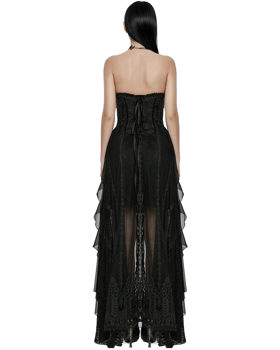 WQ-773LQF-BKF Womens Long Gothic Mesh Strapless Dress With Embroidered Lace
