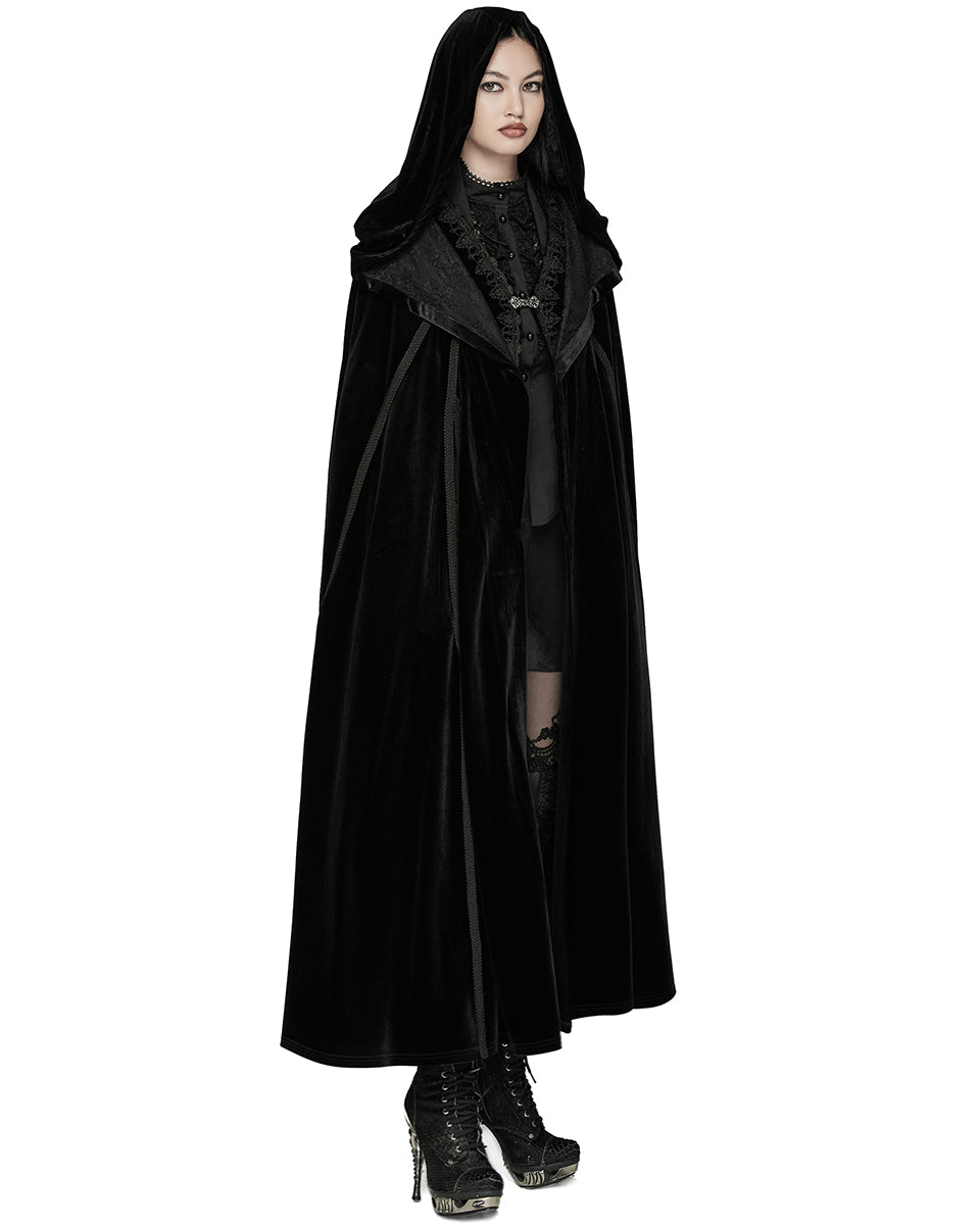 WY-1642DPF Womens Long Gothic Velvet & Lace Hooded Cloak