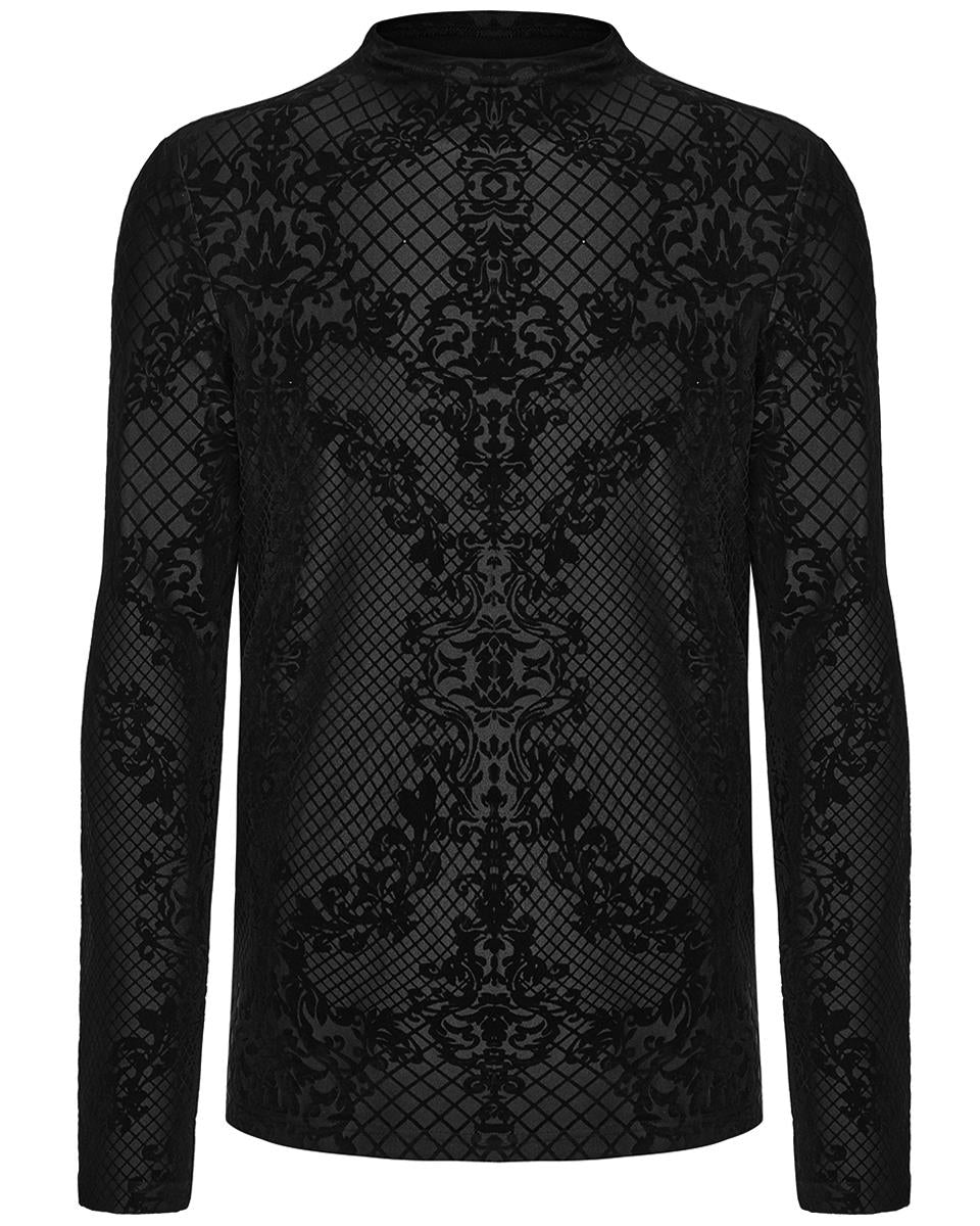 PR-WT-830TCM-BKM Mens Gothic Damask Velvet Flocked Mesh Top