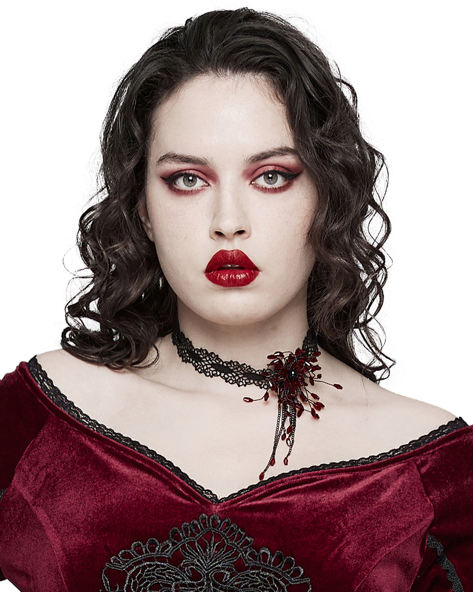 DS-572LHF-BKRDF Womens Shadowflower Beaded Gothic Choker Necklace - Black & Red