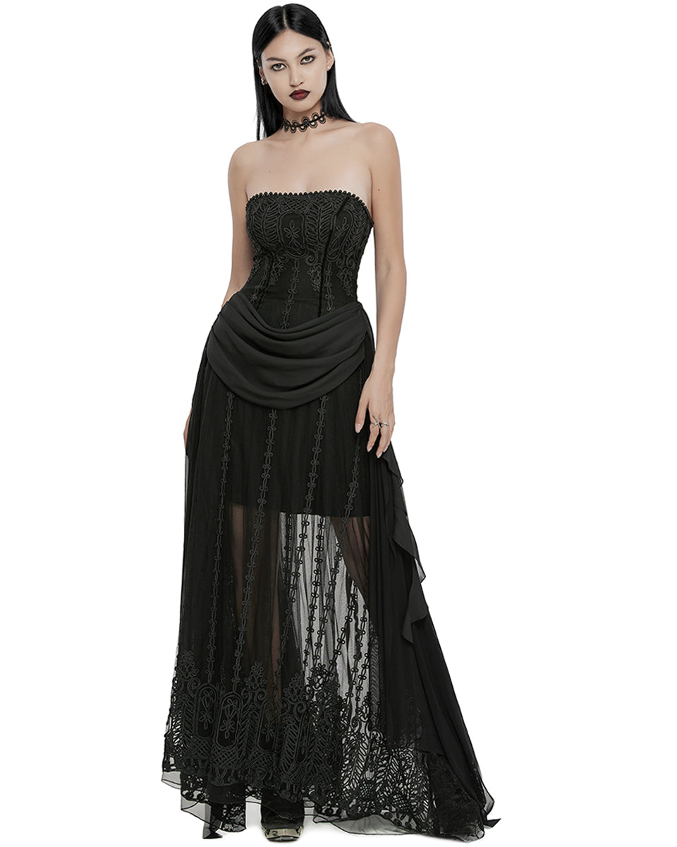 WQ-773LQF-BKF Womens Long Gothic Mesh Strapless Dress With Embroidered Lace