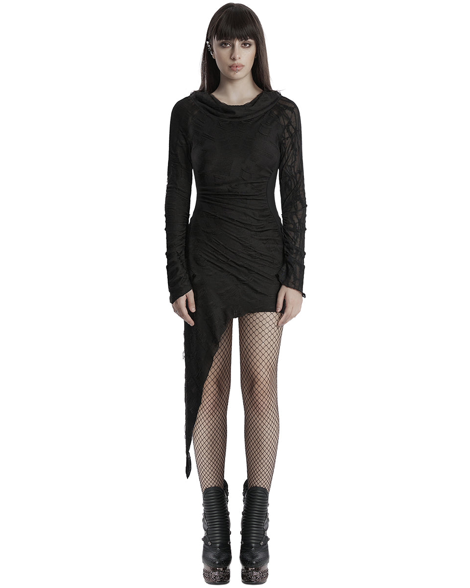 OQ-803LQF Daily Life Apocalyptic Gothic Asymmetric Broken Knit Hooded Dress