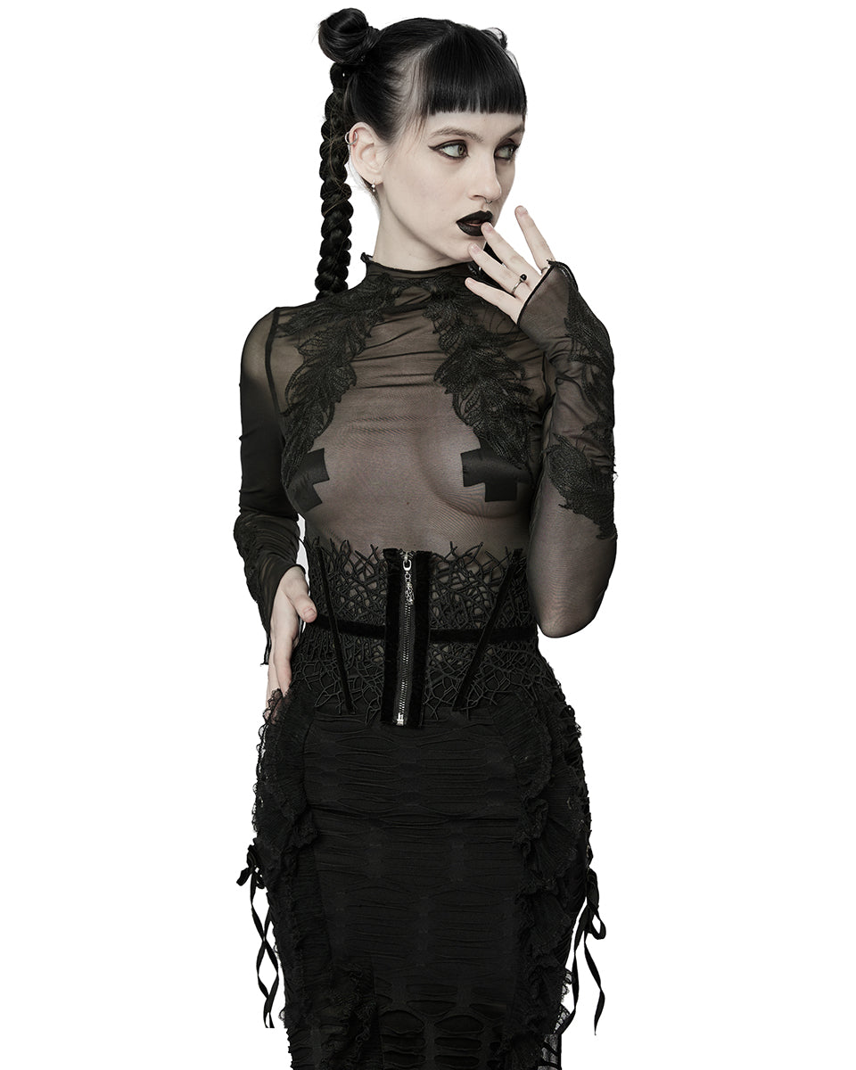 T766-BKF Womens Gothic Sheer Mesh Lace Applique Top