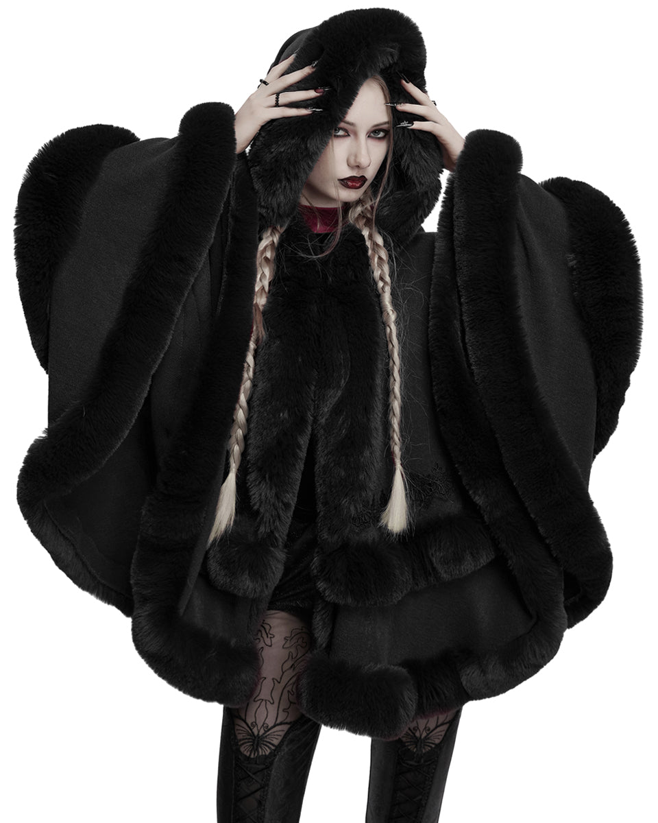 OM-092HMF Daily Life Womens Plush & Faux Fur Hooded Winter Cloak - Black